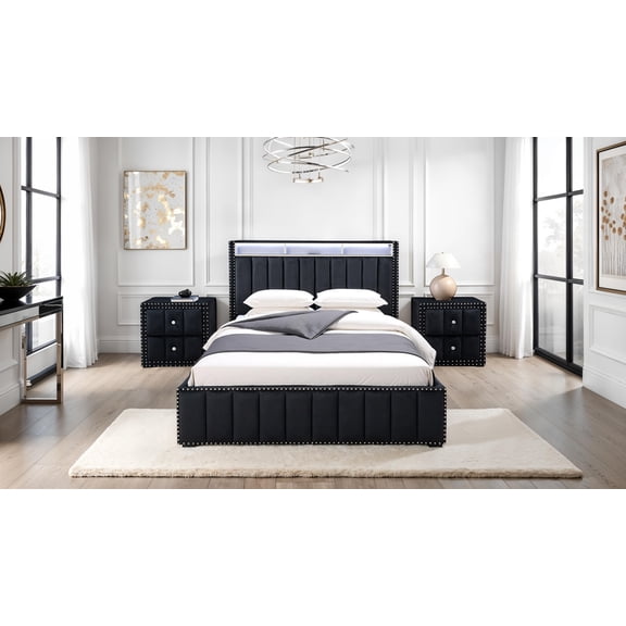 Queen Size Bed And 2x Nightstands Bedroom Furniture Luxury Look Black Fabric Upholstered