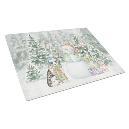 

Atralian Shepherd Puppy Blue Merle and Tan with Christmas Presents Glass Cutting Board Large 12 in x 15 in