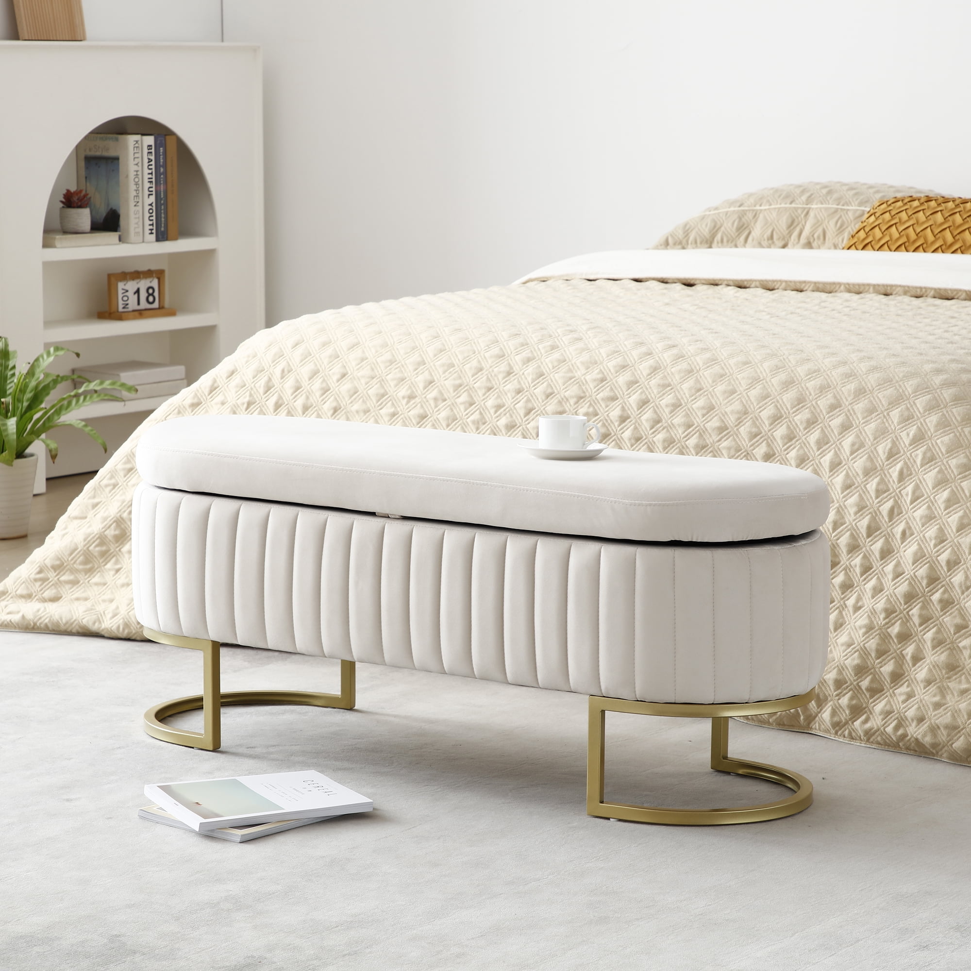 Miniyam Storage Bench Bedroom Bench, Velvet Oval Upholstered End of Bed Bench with Golden Metal Legs,Modern Storage Ottoman Bench,Beige