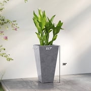 28 Tall Planters, Set of 3 Plastic Flower Pots with Marble Finish and Drainage Holes, Stackable Taper Planters, Gray