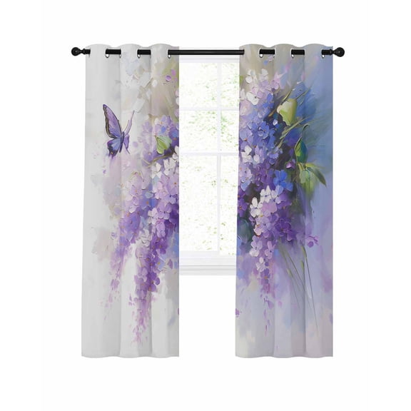 Lavender Blackout Curtains 45 Inches Long for Bedroom,Watercolor Purple White Floral Botanical Butterfly Thermal Insulated Room Darkening Black Out Window Curtain Panels Grommet Living Room Drapes