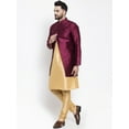 thumbnail image 5 of eloria Men's Indian Traditional Gold-Toned & Maroon Layered Silk Blend Kurta with Churidar Pyjama and jacket Set, 5 of 7
