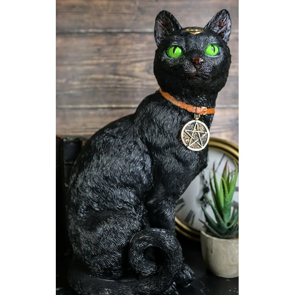 Green Eyed Moon Black Cat With Necklace Figurine