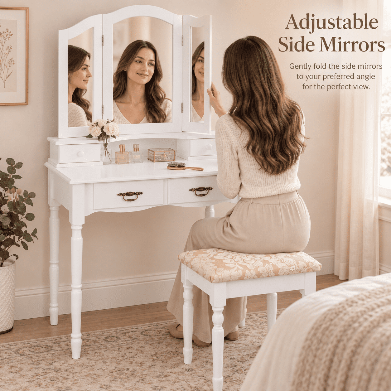 Furnibear Makeup Vanity Table Set with Tri-Folding Mirror 4 Drawers Cushioned Stool and Wood Legs for Bedroom, White