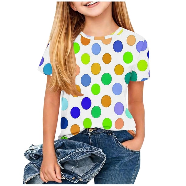 Manga Corta Crop Top para Niños Grandes con Juguetón Colorido Polka Impresión, Tela Suave Transpirable, Cuello de Tripulación Clásico, Costura Reforzada, Disponible en Tamaños de Niños Grandes