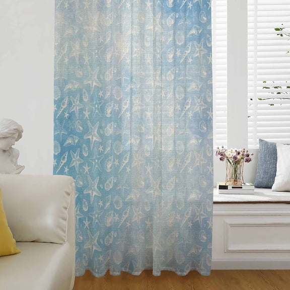 Blue Coastal Sheer Curtains 54 Inches Long for Living Room/Bedroom, Summer Ocean Starfish Conch Seashells Rod Pocket Voile Kitchen Curtains & Drapes Window Treatment 1 Panel, 52"W x 54"L