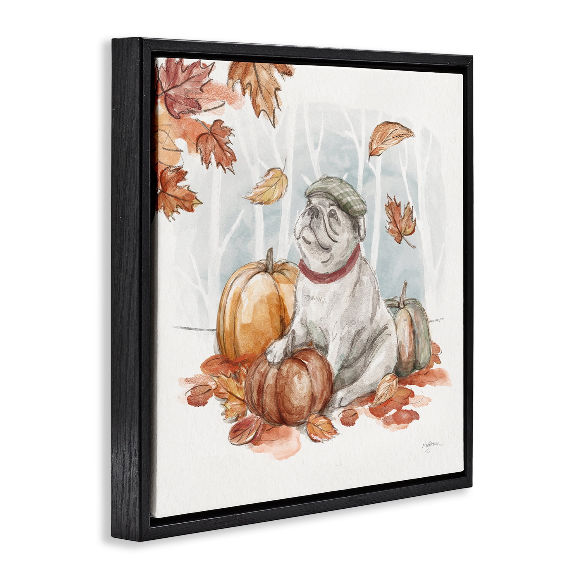 Stupell Industries Autumnal Bulldog Scene Holiday Painting Black Floater Framed Canvas Art Prints Wall Art, 25 x 25