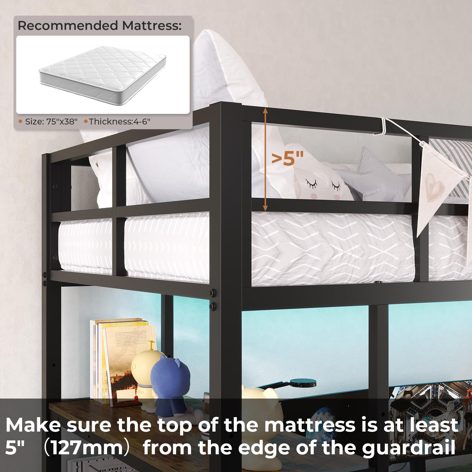 Twin Metal Loft Bed Frame with L-Shaped Desk&LED Lights&Charging Station, Black LED Loft Bed with 3 Storage Shelves&Drawers, Safety Guard & Stairs