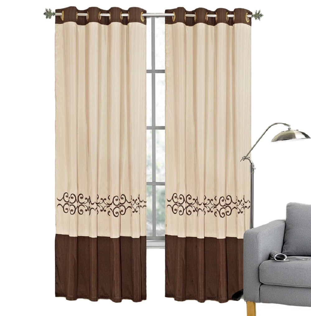 2 Pieces Curtain Set Beige Brown Gold Luxury Embroidery Panels Grommets