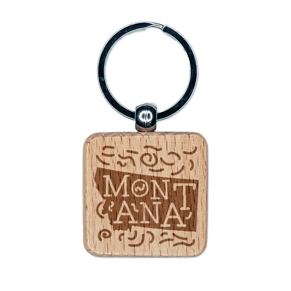 Montana State with Text Swirls Square Keychain Charm Tag - Engraved Wood