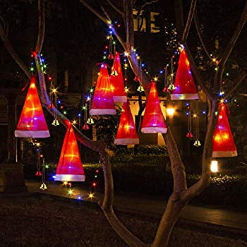 Christmas Decorations Outdoor 8Pcs Hanging Lighted Glowing Santa Hat with 14Pcs Small Décor