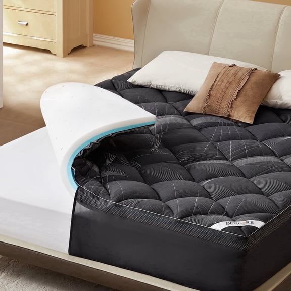 BEDLORE Memory Foam Mattress Topper Queen, 2" Gel Memory Foam Plus 2" Fluffy Pillow Top Pad for Back Pain, Breathable and Supportive
