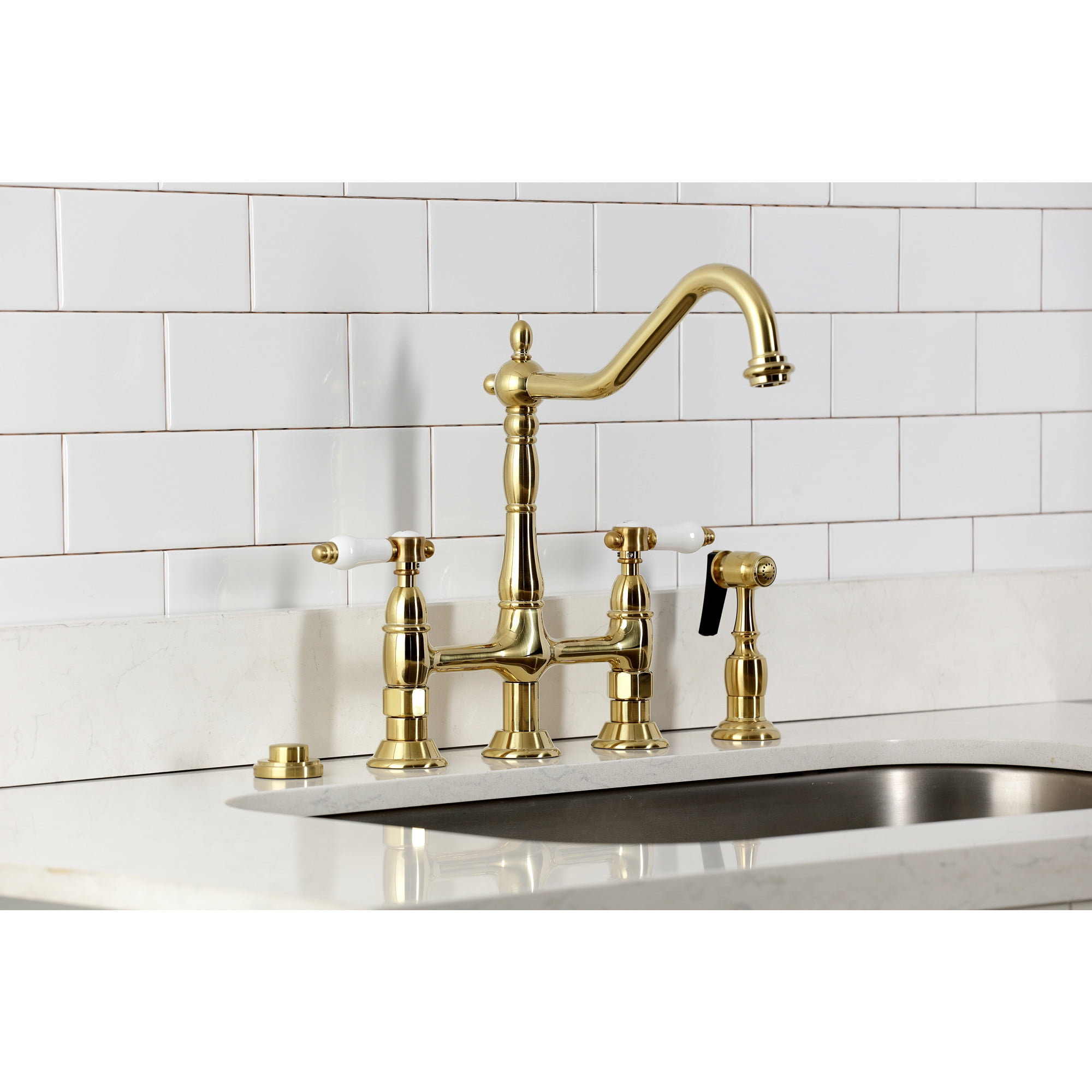 Kingston Brass KS1277BPLBS Bel-Air Bridge Kitchen Faucet with Brass Side Sprayer, Brushed Brass