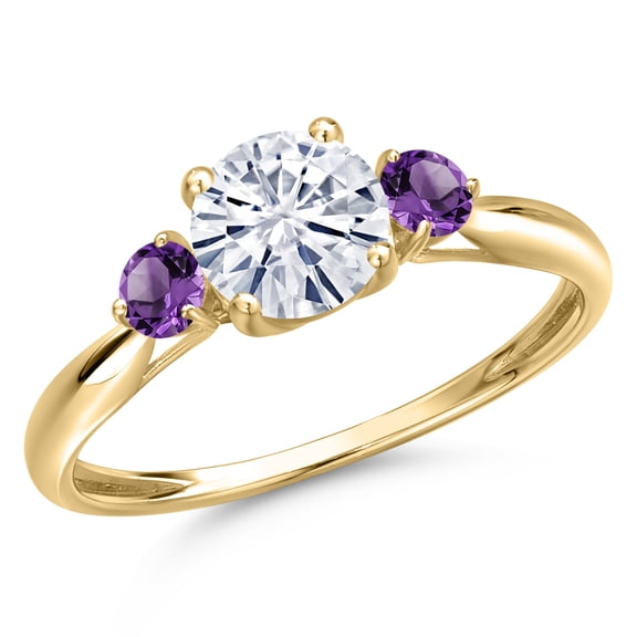 Gem Stone King 10K Yellow Gold White Moissanite and Purple Amethyst 3-Stone Ring for Women | 1.00 Cttw | Round 6MM | Gemstone Birthstone | Size 9