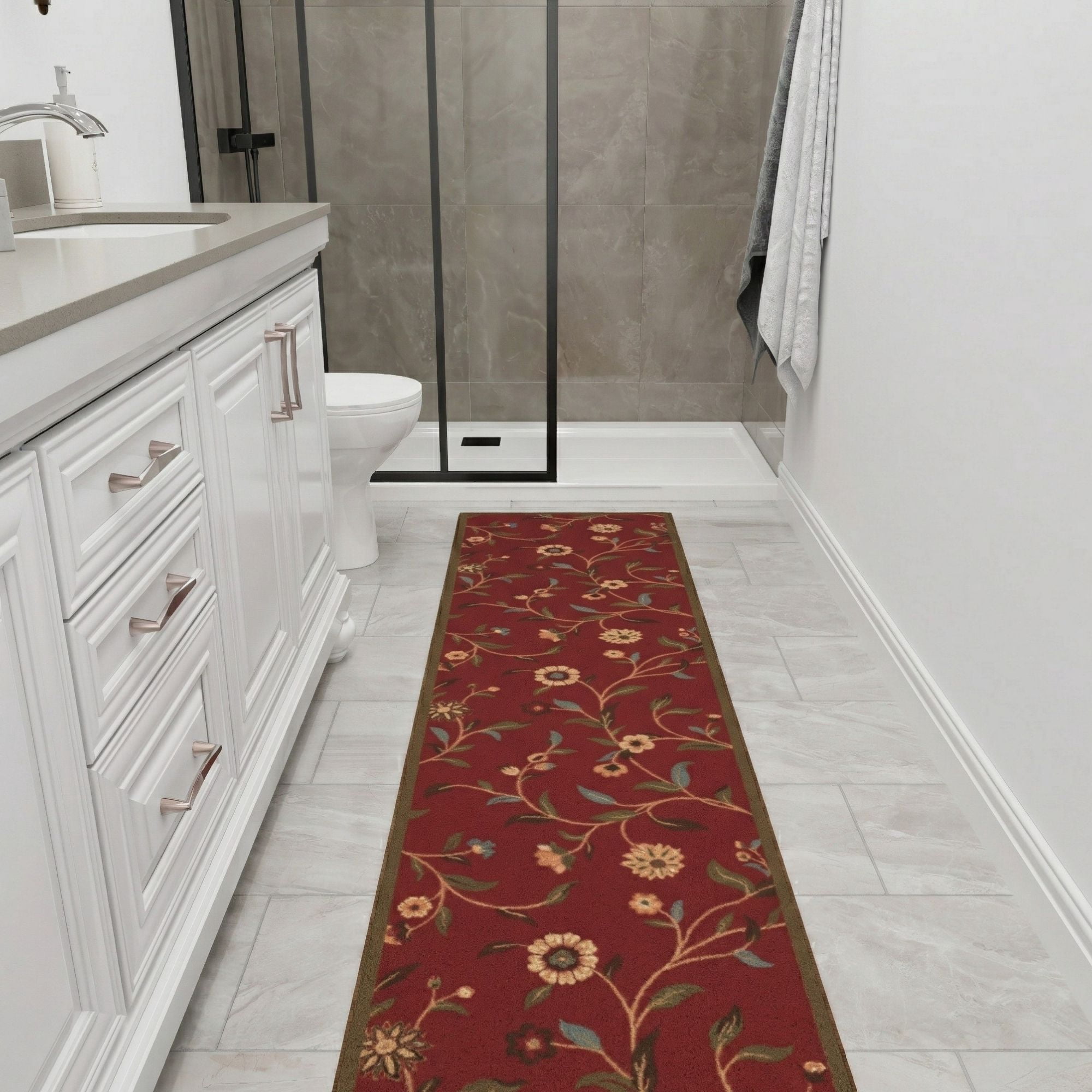 Ottomanson Extra Long Runner Rug 1'10.5" x 33' – Non-Slip Low Pile Hallway Carpet, Floral Red