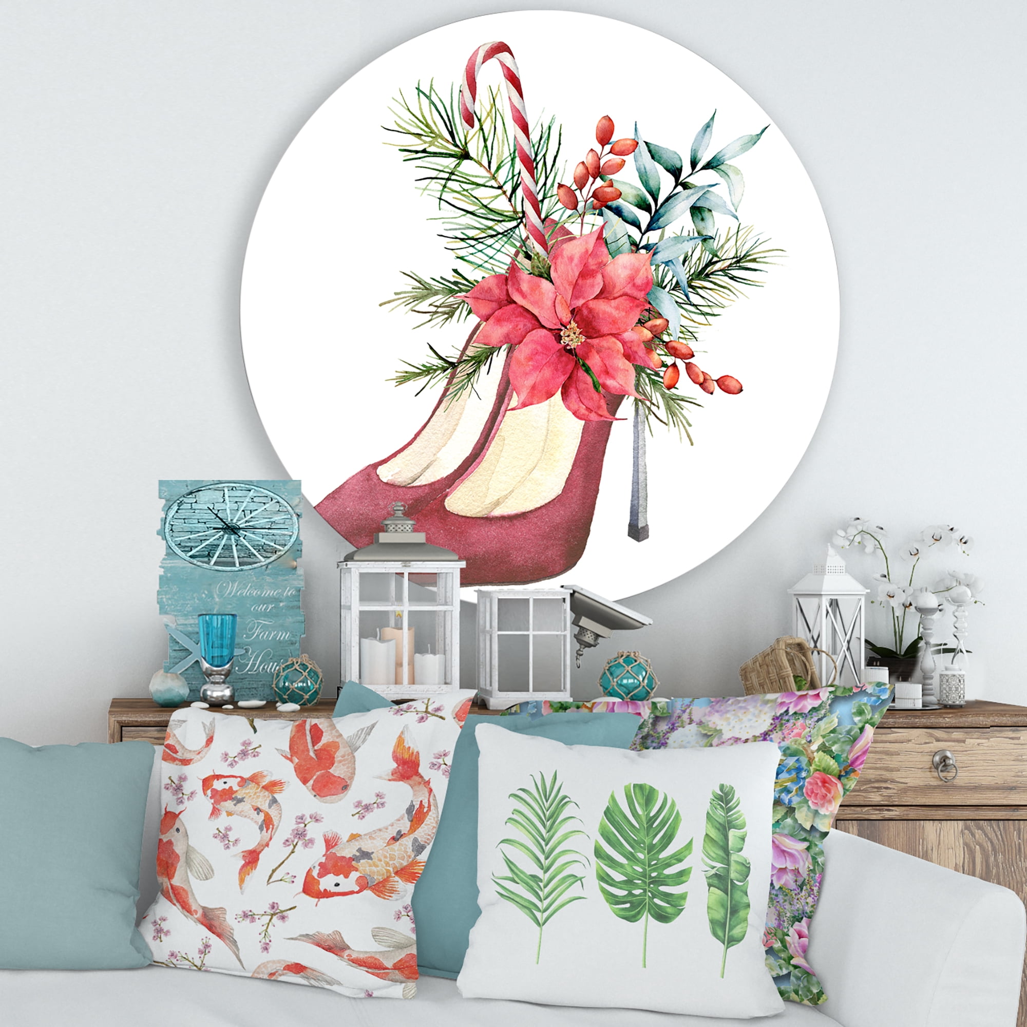 Designart 'Red Suede Heeled Shoes With Christmas Red Floral Decor' Traditional Circle Metal Wall Art 29x29 - Disc of 29