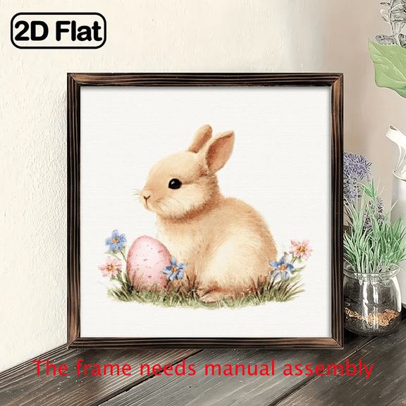 2D Flat - 1pc Vintage Easter Bunny Wooden Wall Art 8x8 Inch Framed Farmhouse Decor with Rabbit Eggs Design, Ideal for Home, Living Room, Bedroom, Bathroom - Housewarming Gift, Wall Decor