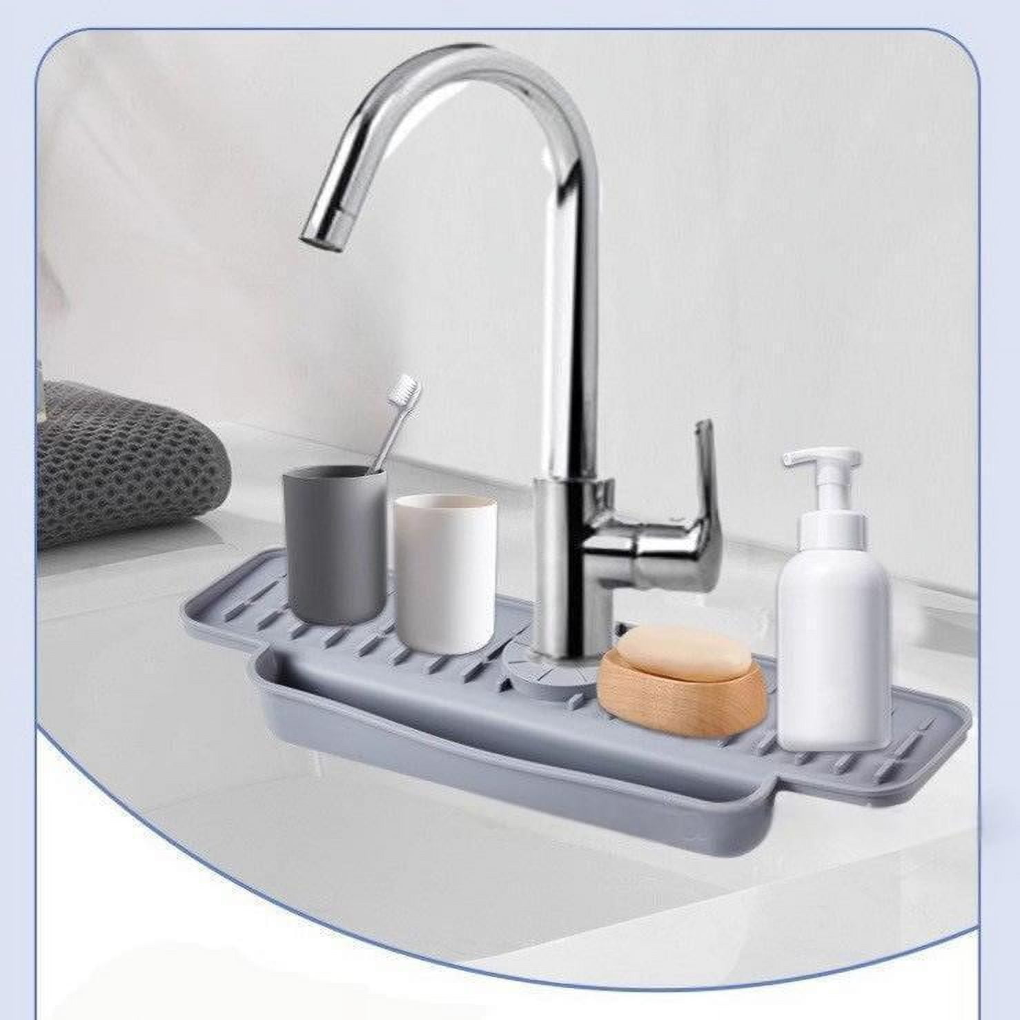 Silicone Faucet Handle Drip Catcher Tray Mat, Silicone Faucet Mat Dish Soap Sponge Holder for Kitchen Sink Accessories Gadgets, Drying Mat for Kitchen Counter Bathroom Kitchen Sink Splash Guard -Grey