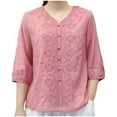 thumbnail image 3 of Dazajoo Floral Embroidered Tops Women Cotton Linen Shirts 3/4 Sleeve Ethnic Style Peasant Tee V Neck Button Tunics,Pink,XXL, 3 of 4