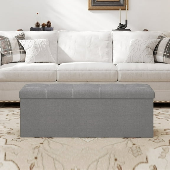 LEDREM Collection - 43" Foldable Storage Ottoman Bench, 660lb Capacity, 35 Gal Storage, Multi-Functional Footrest, Seat, Linen-Look Fabric, Light Gray
