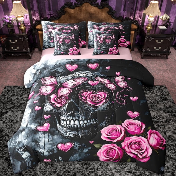 Erosebridal Teens Pink Rose Sugar Skull Twin Bedding Sets 7-Piece,Gothic Flowers Butterflies Bedding Comforter Set for Boys Girls,Pink Reversible,Super Cozy Room Decor