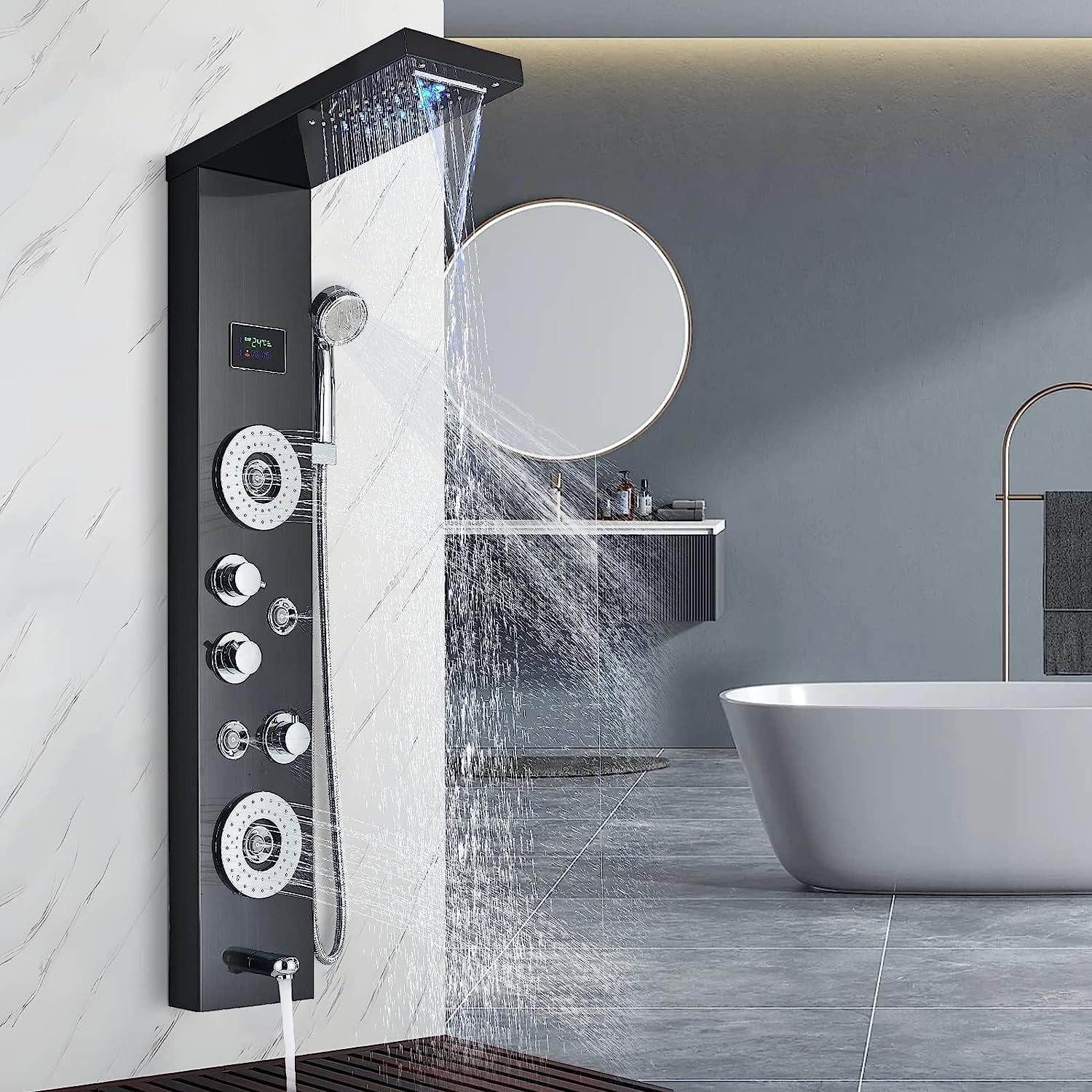 Shower Panel Black LED 5 Shower Functions Stainless Steel Shower System