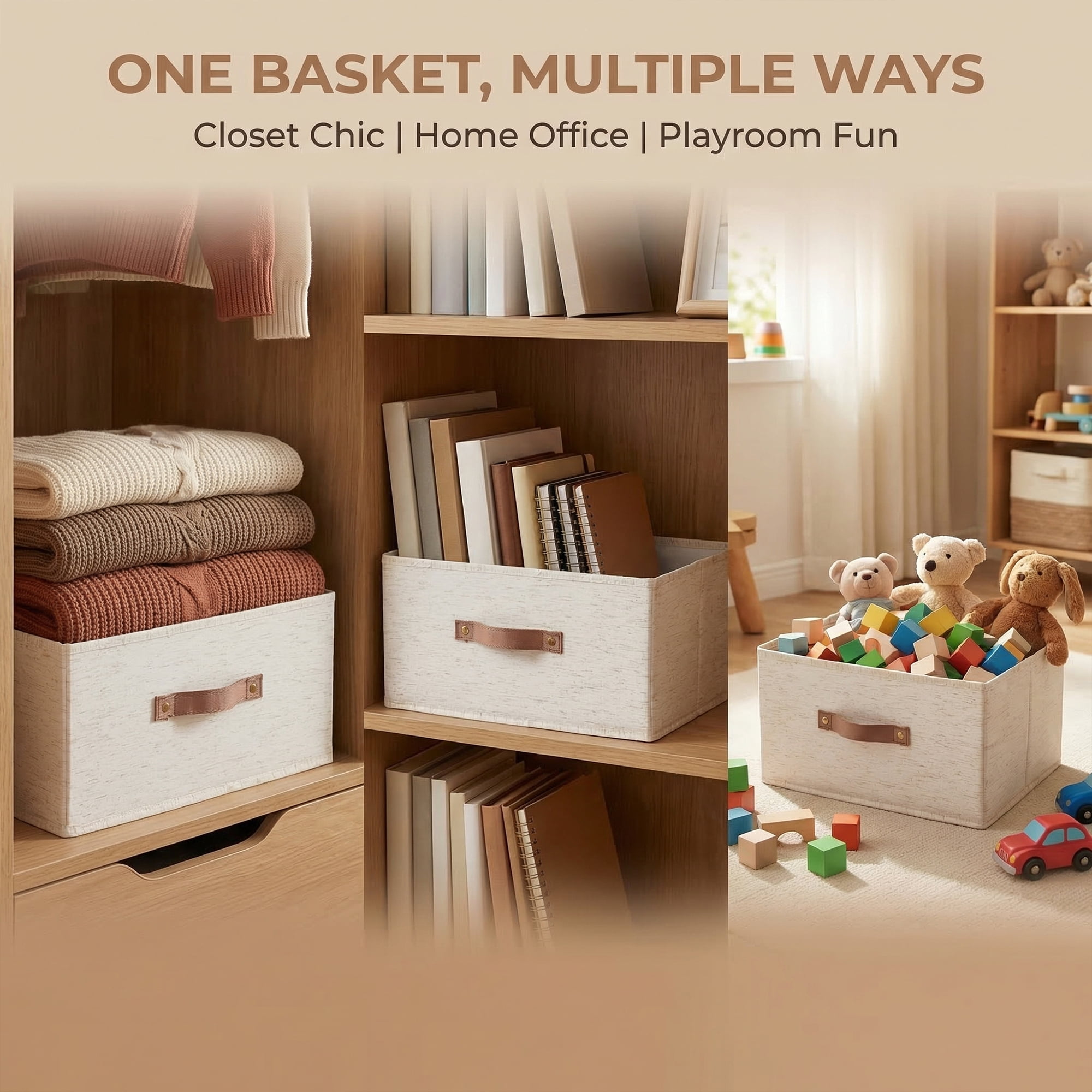 Unique Bargains 1pc Fabric Storage Bin with Handles Beige 15.7*11.8*7.9in