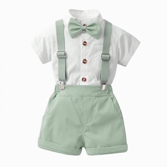 Nwiuh Toddler Formal Outfit Kid Gentleman Short Sleeve Shirt Bowtie Boy Suspender Shorts Wedding Suit Outfits(Light Green, 5-6 Years)