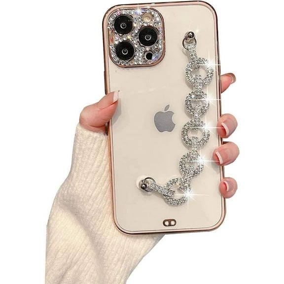 Compatible with iPhone 13 Pro Max Case Bling Shiny Diamond Bracelet Wristband 3D Luxury Gold Glitter Rhinestone Glitter Silver Chain Pink Border Suitable for Women Girls 6.7 Inch Phone Case