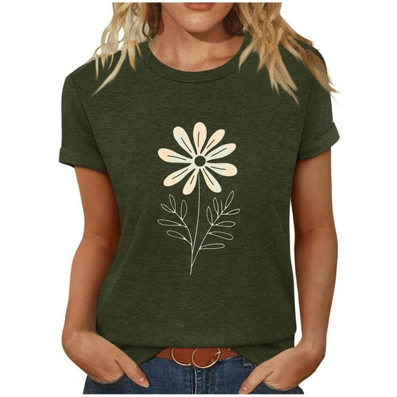 ZQUUVOU Women's T-Shirt Print Floral Round Neck Short Sleeved Blouse Olive Green (XL)