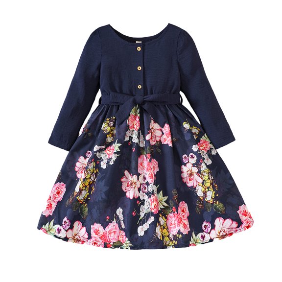 Esaierr Toddler Kids Girls Print Dresses Long Sleeve Holiday Princess Dress for 4-12 Years Crewneck Dress a Line Twirly Skater Casual Dress