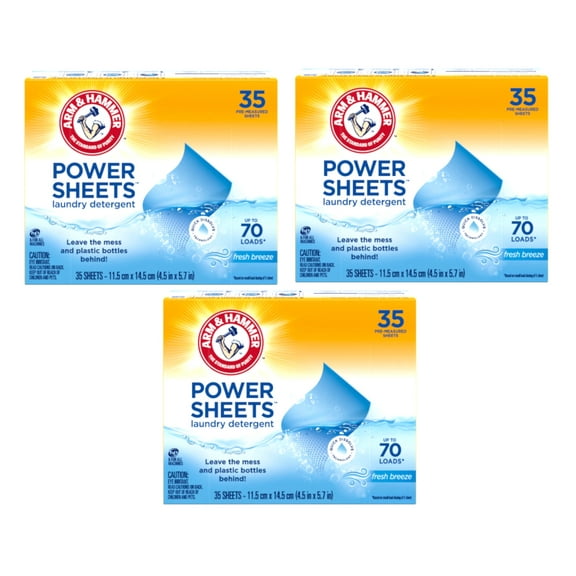 3 Pack - ARM & HAMMER Power Sheets Laundry Detergent, Fresh Breeze 35 ct, up to 70 small loads