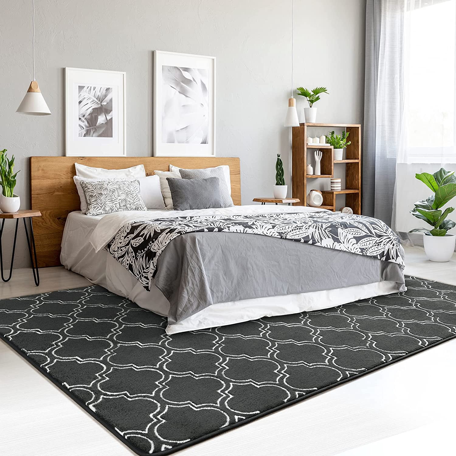 Junovo 4'x6'Modern Geometric Area Rug for Bedroom and Living Room, Fluffy Indoor Carpet for Family Room Decor,Dark Gray