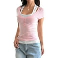 thumbnail image 3 of Women'S 2025 Spring Summer Short Sleeve Tops Ribbed Henley Button Fake Two Pieces Casual T Shirts Blouse Clothing Pink S, 3 of 9