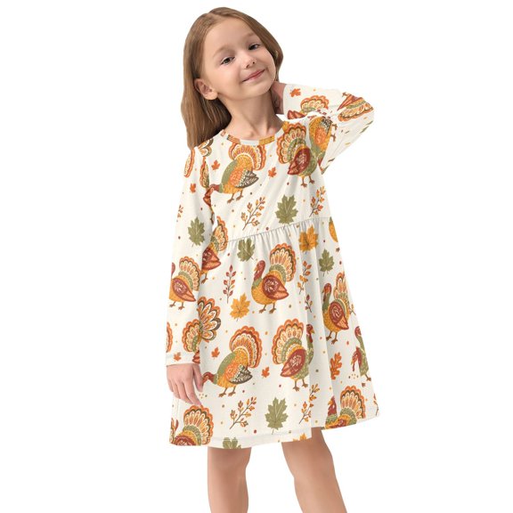Girls Dress Soft Casual Long Sleeve Cute Dress for Girls Fashion Prints Orange Turkey Crew Neck