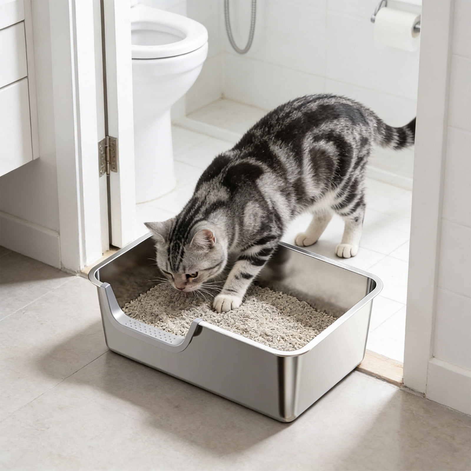 Winter Poetry Upgrade Stainless Steel Cat Litter Box, High Sides Anti-Spray Kitty Litter Pan, Odor Control Non-Slip Bottom, B