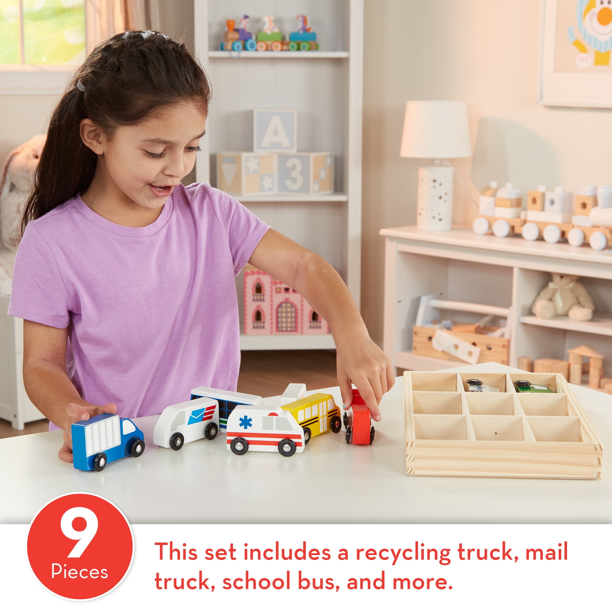 Melissa & Doug Wooden Town Vehicles Set in Wooden Tray (9 pcs)
