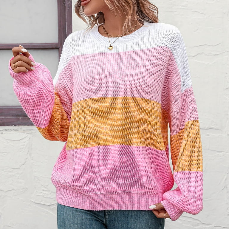 Yyeselk Crew Neck Sweaters for Women Trendy Casual Striped Color Block  Ribbed Long Sleeve Relaxed Fit Knitted Comfy Loose Drop Shoulder Jumper  Tops