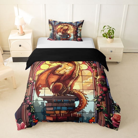 Feelyou Church Dragon Twin Bedding for Men Boys, Magical Floral Animal Duvet Cover Set, Orange Gold, Black Reversible, 1 Duvet Cover and 1 Pillowcase (No Comforter)