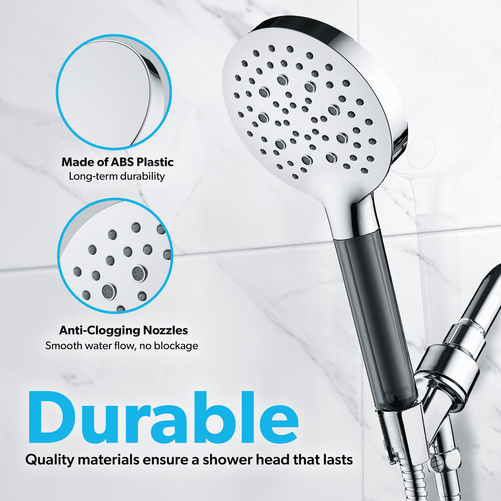 BLACK+DECKER Handheld Shower Head w/ 3 Spray Settings, Water Filter, & Stainless Steel Hose, Chrome
