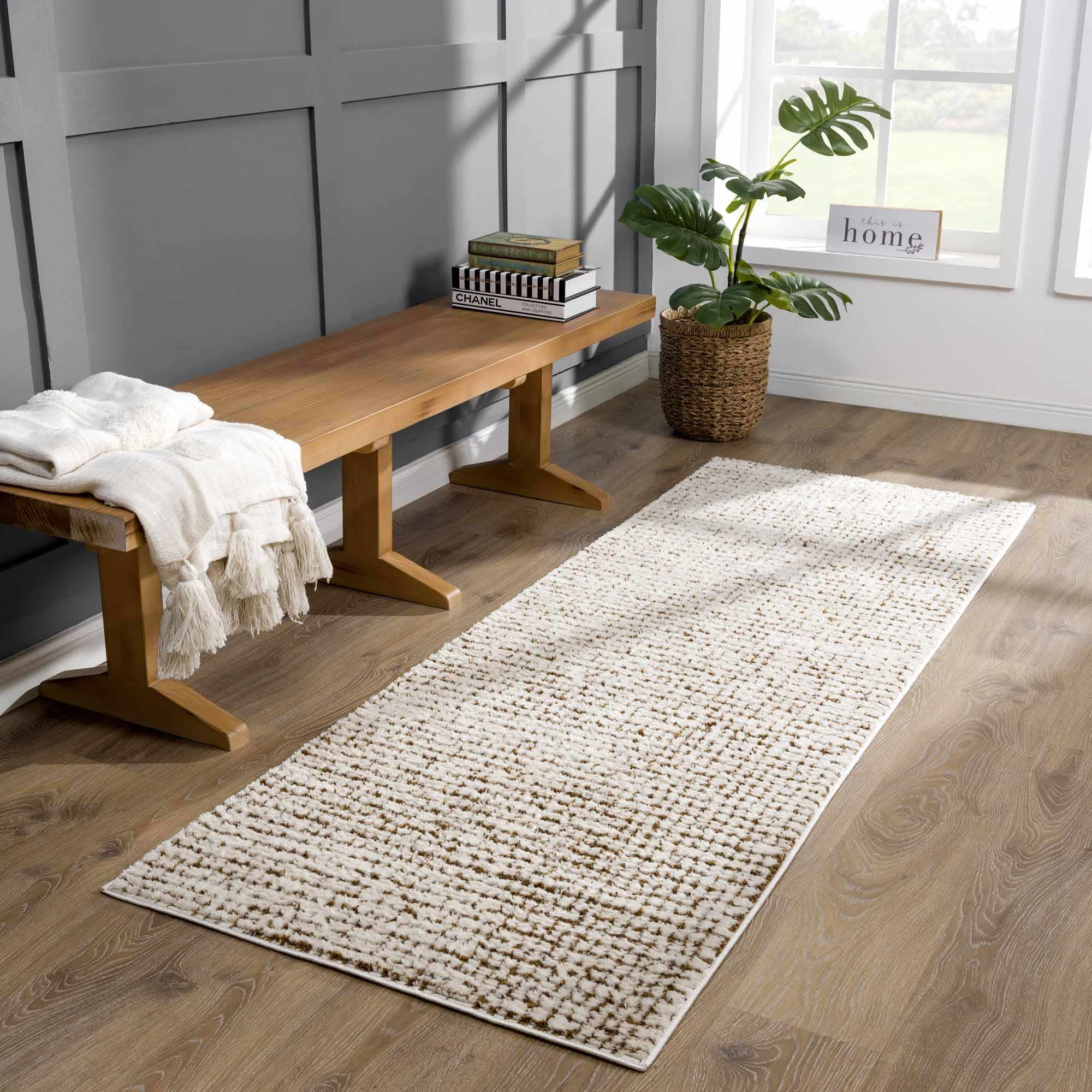 Hauteloom Matrix Contemporary Mosaic Area Rug - High Pile Fluffy Soft Shag Carpet for Living Room, Bedroom - Cream, Brown - 5'3" x 7' (5x7)