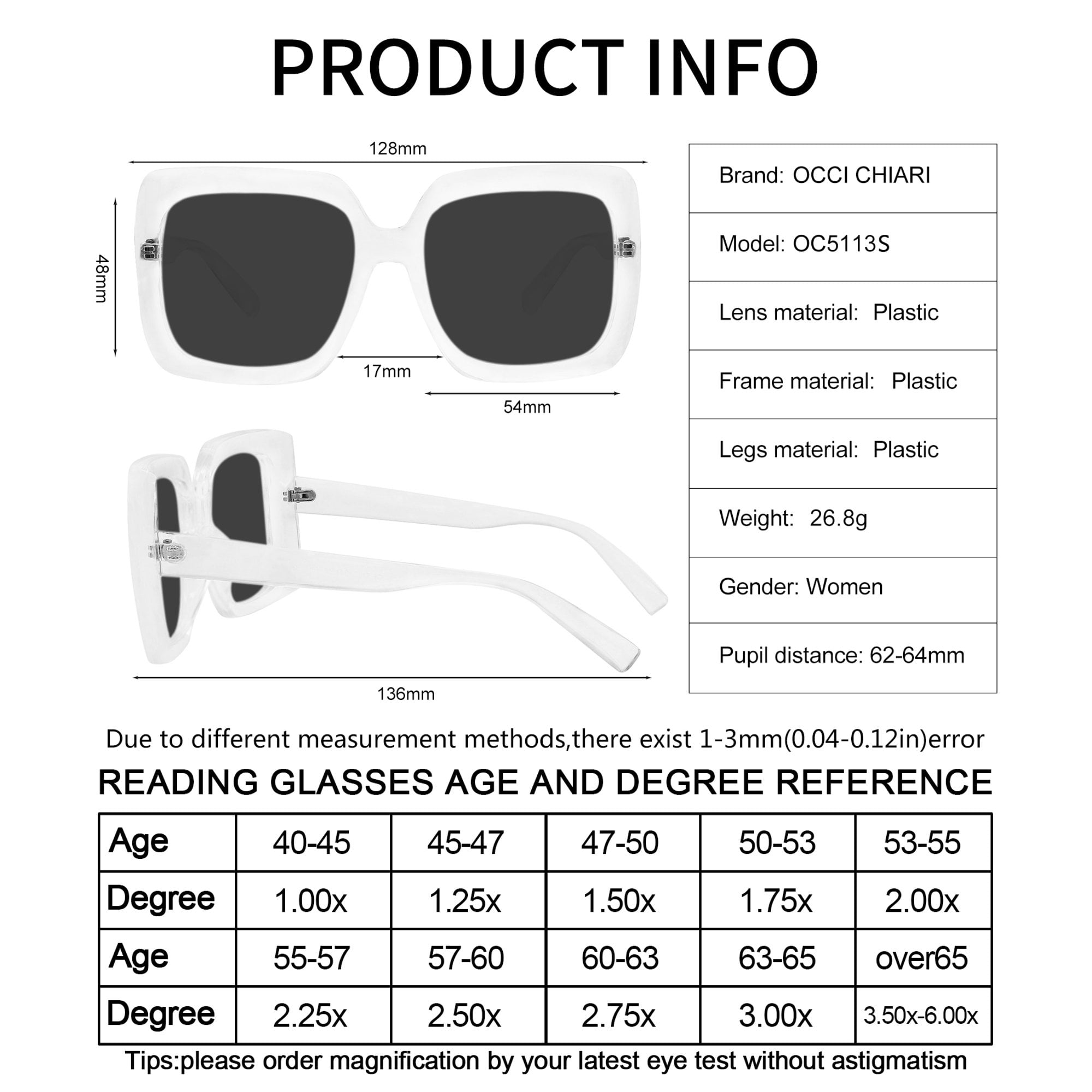 OCCI CHIARI Womens Sunglasses Reading Glasses Large Blue Light Blocker Sunglass Readers 2.25 UV Protection Outdoor 1.0 1.25 1.5 1.75 2.0 2.25 2.5 2.75 3.0 3.5 (Transparent, 2.25) Acrylic Lens
