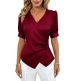 thumbnail image 2 of Pounoo Women's Tops Satin V-Neck Wrap Front Short Sleeve Blouses Elegant Office Vibe Lightweight Stretchy Slim Fit Outfits Gift, 2 of 7