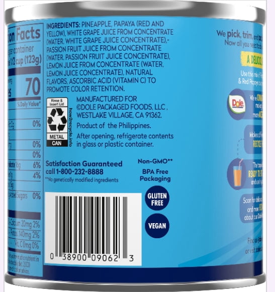 (12 pack) Dole Tropical Fruit, Pineapple and Papaya, No Sugar Added, 15.25 oz Can