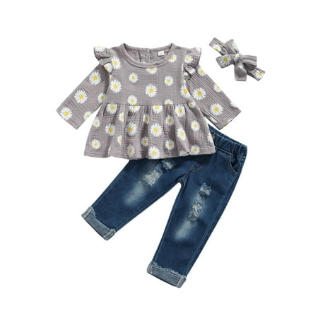 

Spring Fall Kids Baby Girls Daisy Print T-Shirt Ripped Denim Pants Headband 3Pcs Children Clothing