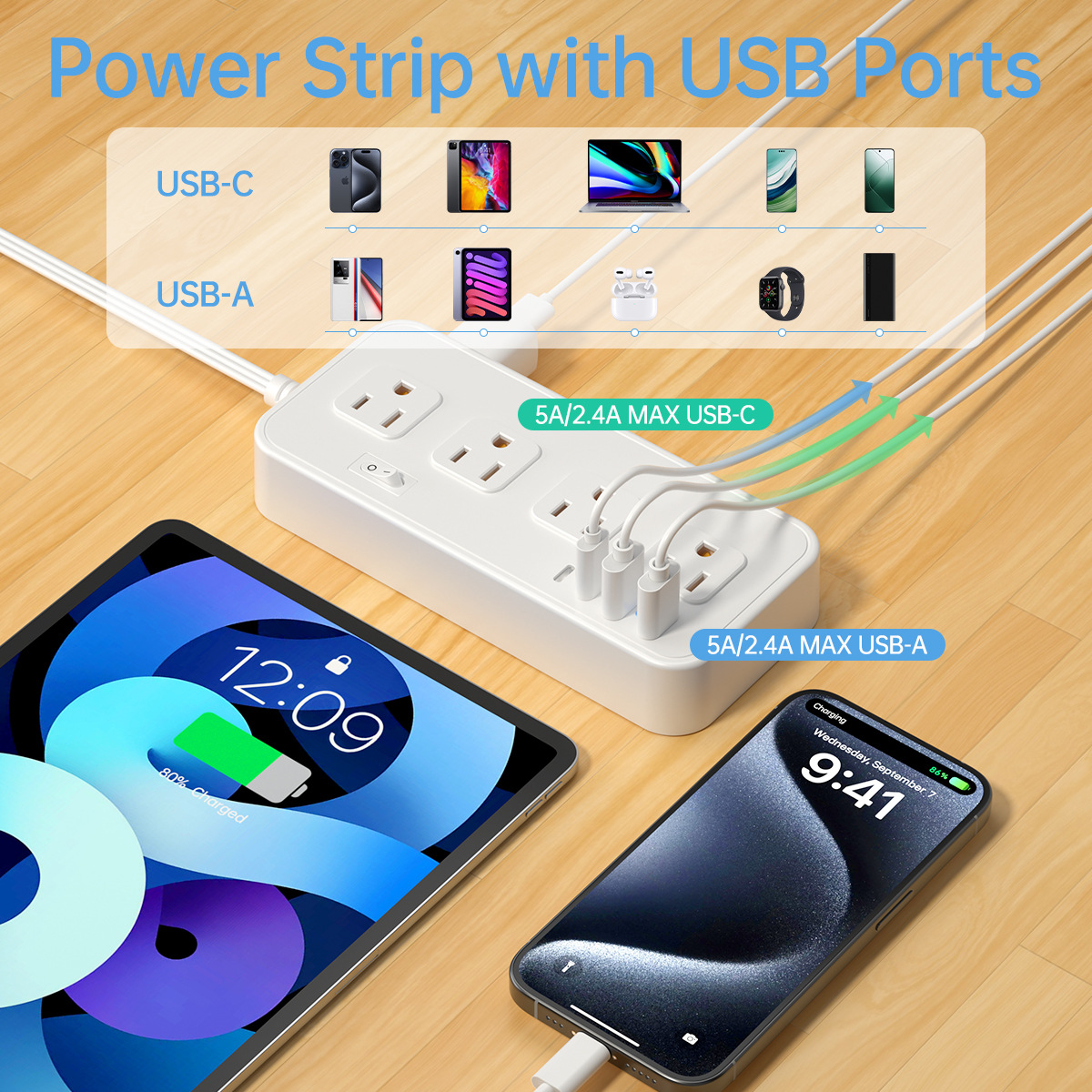 US Power Strip 8 Outlets Surge Protector 12 in 1 Charging Station2 USB C 2 USB Ports,5FT Flat Plug Extension Cord for Home
