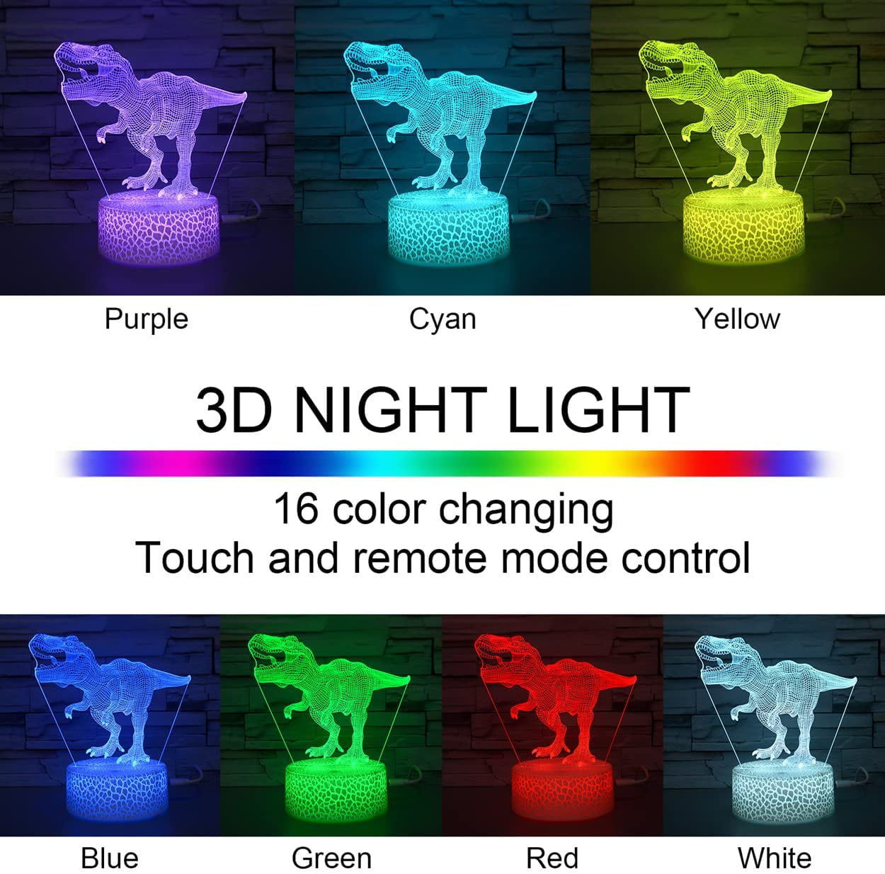 SHAANXIXIAN Dinosaur Toy T-Rex 3D Night Light for Kids 16 Colors Dimmable Dinosaur Led Light with Remote & Smart Touch & USB Cable - Dino Gift for Adults Teens Boys Girls Birthday Christmas