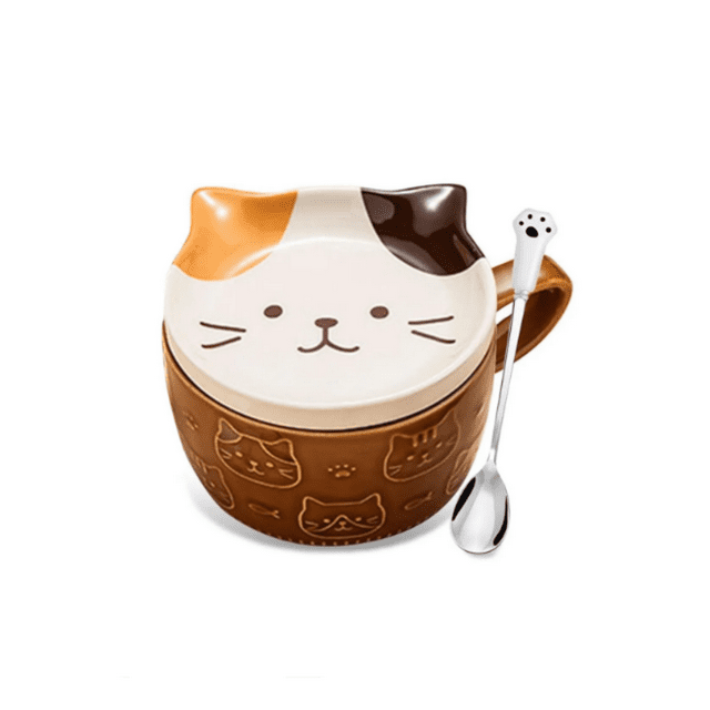 Tazas Vaso Café Cerámica De Gato De Té Con Tapa Y Cuchara Malubero Café