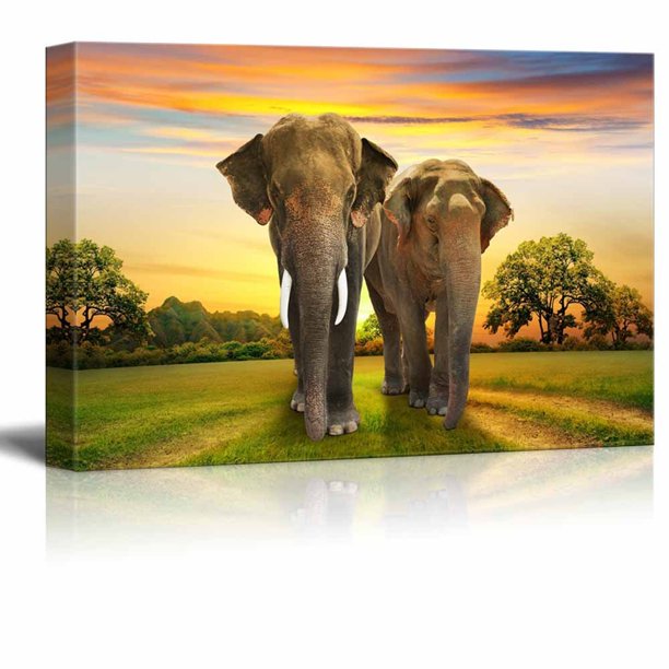 Canvas Prints Wall Art Elephants Family at Sunset Modern Wall Decor