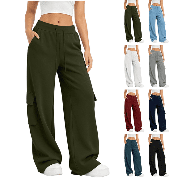 Liuinsasek Women Solid Color Elastic Waist Wide Leg Pants Fall Winter Drawstring Sports Casual Pants Loose and Soft With Side Pockets Workout Sweat Pants